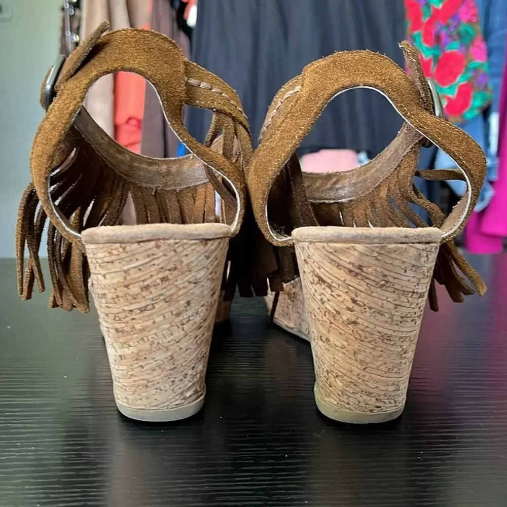 Minnetonka Fringe Suede Platform Wedge Sandals - Brown